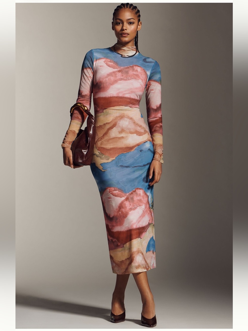 Anthropologie Mock-Neck Knit Maxi Dress Abstract Landscape Size M
